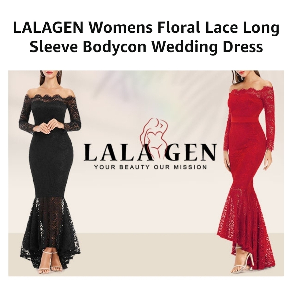 LALAGEN - XXL Floral Lace Long Sleeve Off Shoulder Mermaid Dress Black - Picture 11 of 13